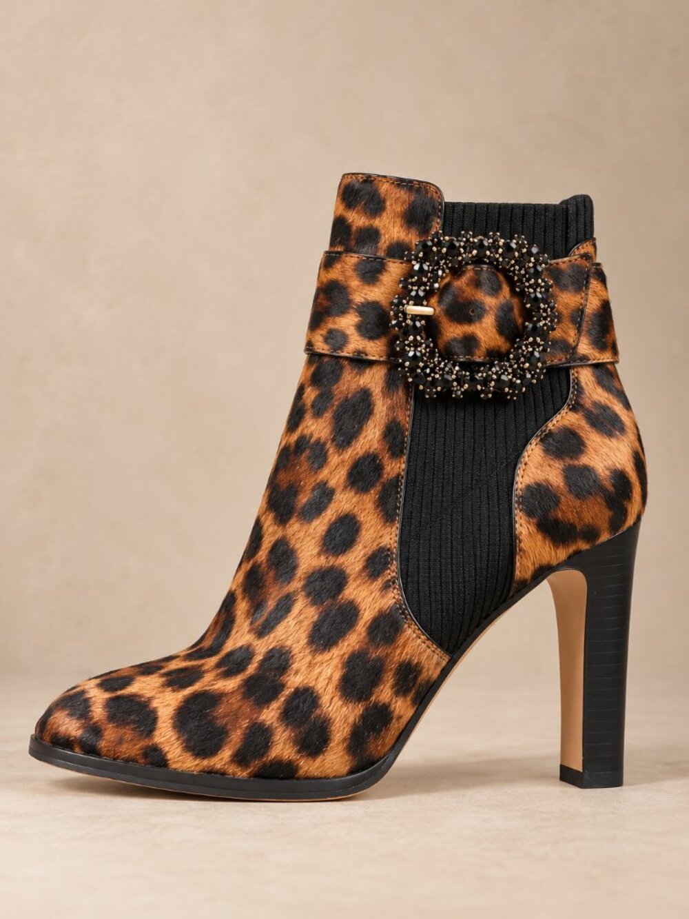 Karl Lagerfeld Paris Vania Leopard Real Cow Fur Jeweled Buckle Ankle Boots 8.5
